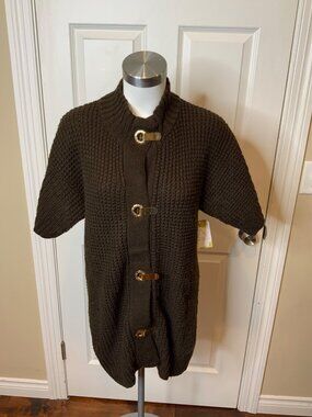 Michael Kors Long Brown Chunky Knit Cardigan W/ Gold Button Clips, Size M